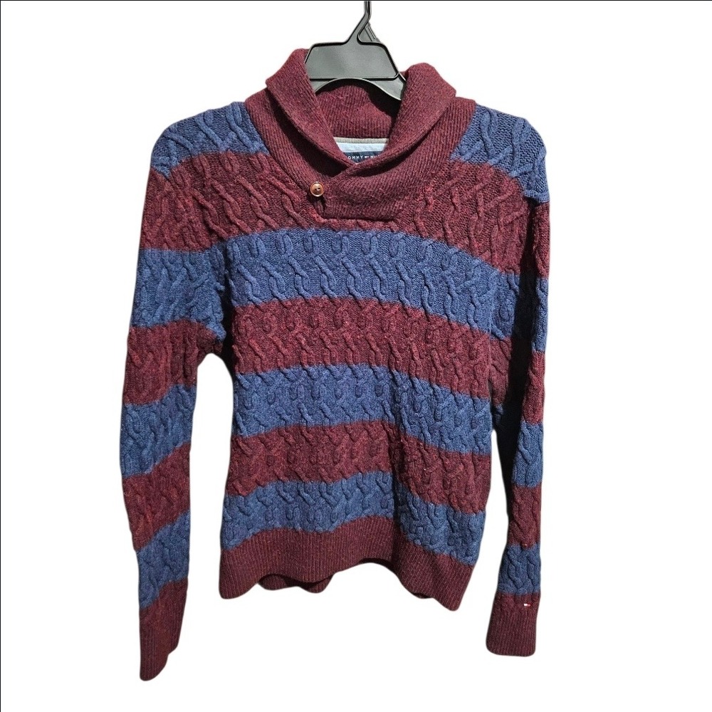 Tommy Hilfiger Mens Cable Knit Shawl Collar Striped Sweater Burgundy Blue Large - Picture 2 of 9